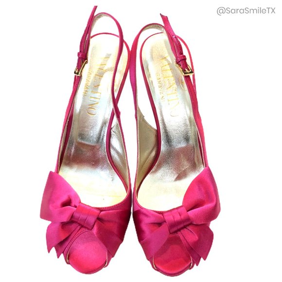 {VALENTINO GARAVANI} Bright Pink Satin Bow Open Toe Slingback Stiletto Pumps - Picture 3 of 13